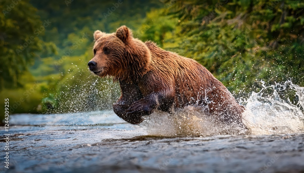Powerful Brown Bear Splashing Through River in Full Motion Embracing Natures Dynamic Energy and Vibrant Autumn Colors Powerful Brown Bear Splashing Through River in Full Motion Embracing Natures Dynamic Energy and Vibrant Autumn Colors