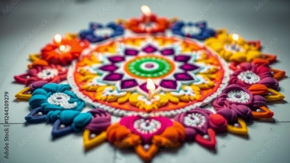 Bright and vibrant rangoli art with multiple colors and intricate detailing in a circular floral pat Bright and vibrant rangoli art with multiple colors and intricate detailing in a circular floral pat