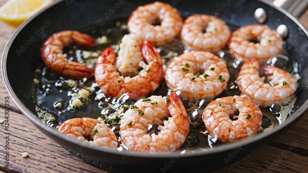 capturing the sizzling moment as plump, juicy shrimp are seared in melted butter on a hot pan. capturing the sizzling moment as plump, juicy shrimp are seared in melted butter on a hot pan.