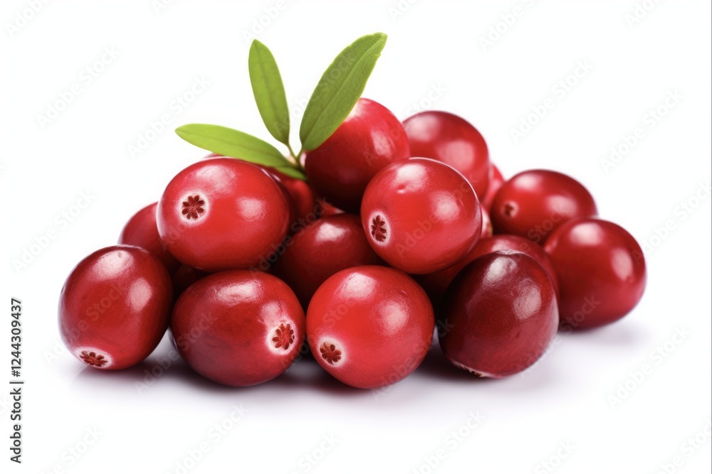 Fresh Cranberries with Leaves Isolated on White - Closeup View of a Pile of Cranberries with Green Leaves Fresh Cranberries with Leaves Isolated on White - Closeup View of a Pile of Cranberries with Green Leaves