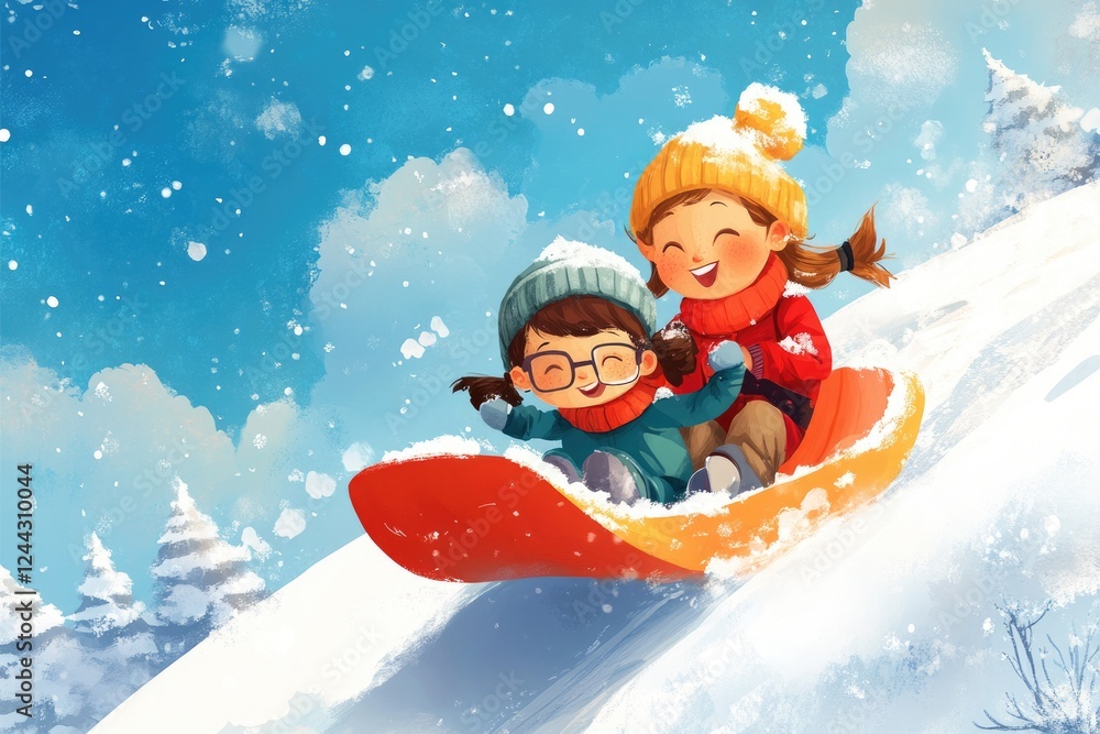 Joyful Family Sledding Adventure: Children Embrace Winter Fun in the Snow Joyful Family Sledding Adventure: Children Embrace Winter Fun in the Snow