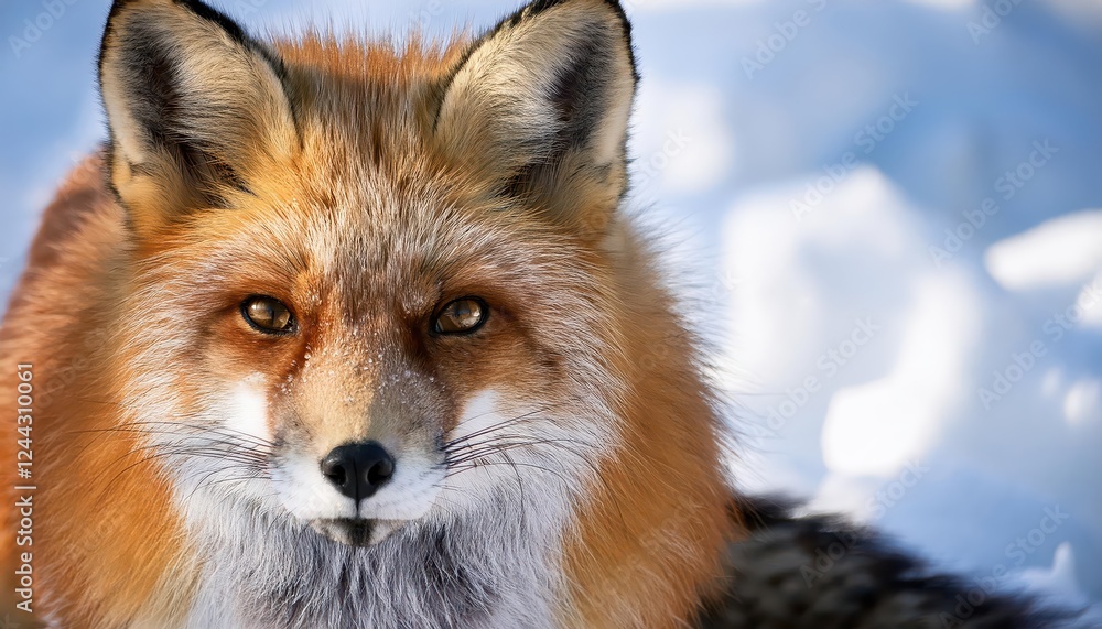 Striking Closeup of a Red Fox with Intense Eyes and Vibrant Fur Pattern, Set Against a Wintery Backdrop Striking Closeup of a Red Fox with Intense Eyes and Vibrant Fur Pattern, Set Against a Wintery Backdrop