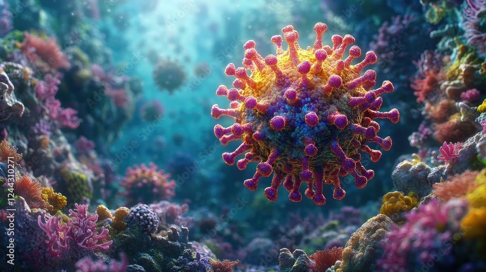 A vibrant underwater scene depicting a virus among colorful coral reefs. A vibrant underwater scene depicting a virus among colorful coral reefs.
