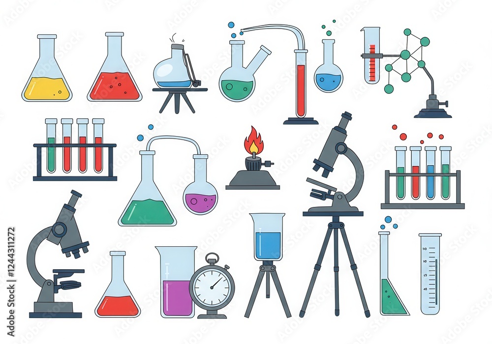 illustration of various pieces laboratory equipment in a simple, flat, and slightly cartoonish style, arranged against a white background. illustration of various pieces laboratory equipment in a simple, flat, and slightly cartoonish style, arranged against a white background.