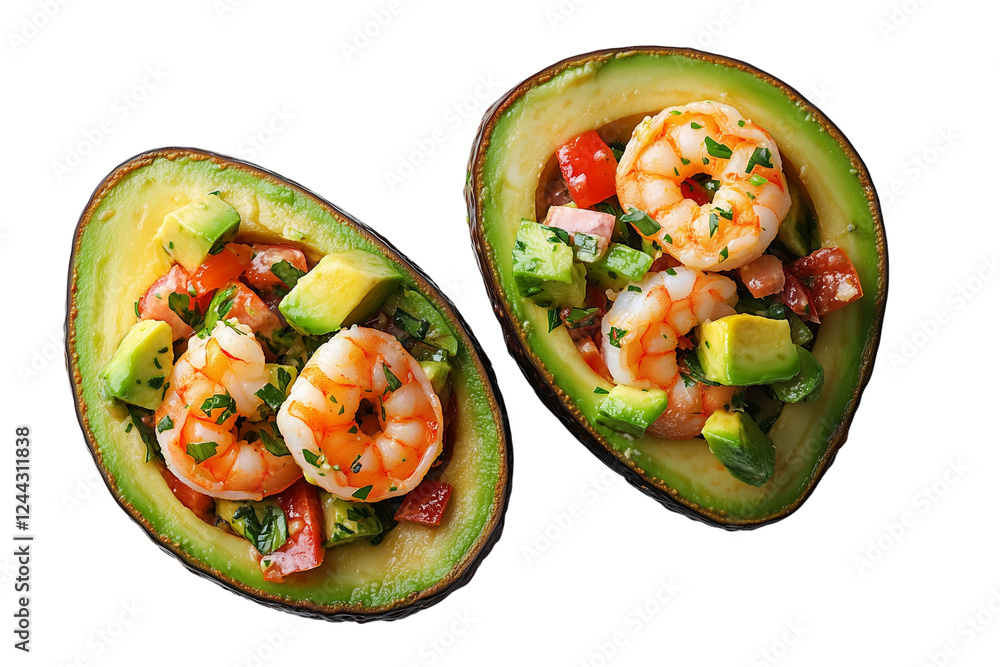 A halved avocado, filled with a vibrant shrimp salad on a transparent background A halved avocado, filled with a vibrant shrimp salad on a transparent background