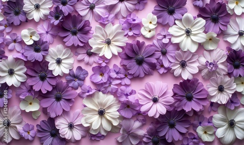 Artistic floral pattern composed of purple and white flowers arranged elegantly on a flat pink surface, with petals scattered