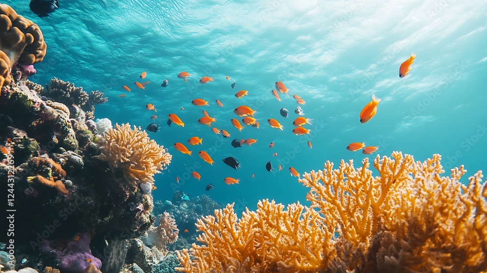 Obraz premium A vibrant coral reef with schools of colorful fish swimming among the corals in clear blue water