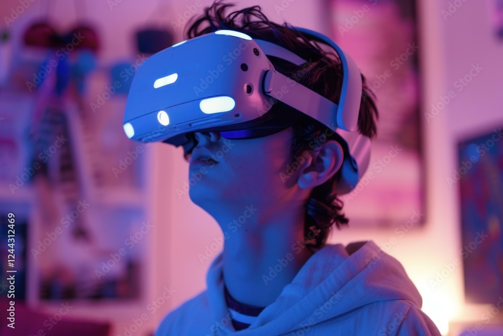 Teenager experiencing virtual reality using vr headset in a colorful neon lit room Teenager experiencing virtual reality using vr headset in a colorful neon lit room