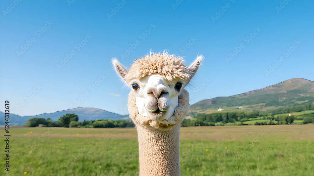 Obraz premium Alpaca portrait, sunny field, mountains. Perfect for travel brochures