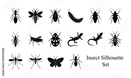 Collection of Insect silhouettes on white background