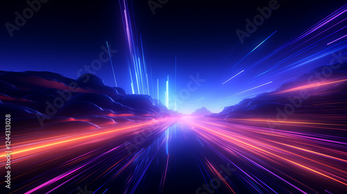 Minimalist cyberpunk background with clean geometric shapes, vibrant neon lines, and a delicate glitch overlay,