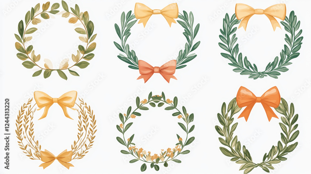 Heraldic laurel wreaths icons with laurel and olive branches, flowers, wheat ears and herbal twigs arranged into circle frames with ribbon banners and decorative bows. Victory and awarding design Heraldic laurel wreaths icons with laurel and olive branches, flowers, wheat ears and herbal twigs arranged into circle frames with ribbon banners and decorative bows. Victory and awarding design