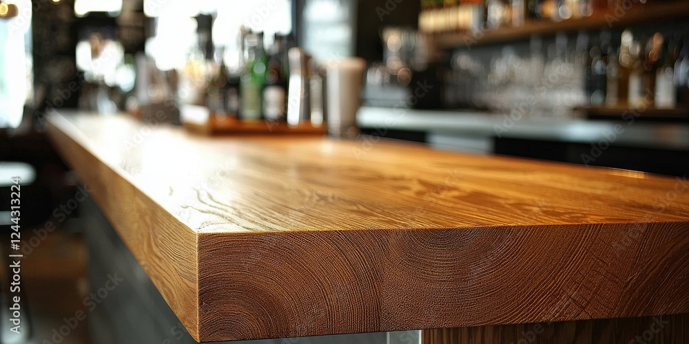 A polished wooden table in a modern setting, with a blurred counter bar and rows of bottles creating depth in the background A polished wooden table in a modern setting, with a blurred counter bar and rows of bottles creating depth in the background