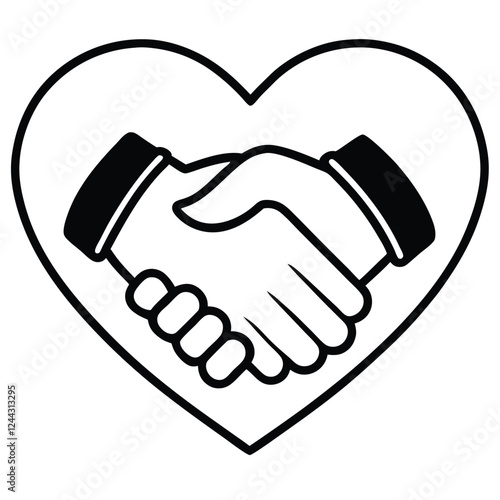 A simple, elegant vector graphic featuring two hands shaking within a heart shape, symbolizing unity, love, and partnership for creative and business design concepts.