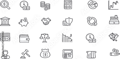set of Hand-drawn icons for the finance sector: bank, money, calculator, graphs, POS device, etc.Vector Illustration 