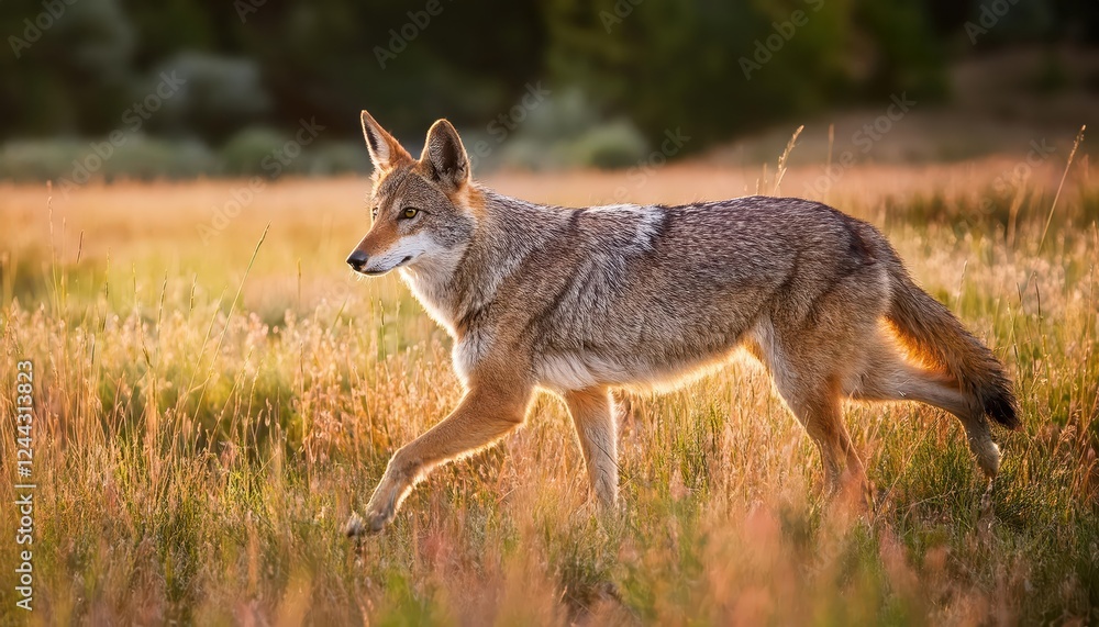 Stealthy Coyote Roaming through an Idyllic Meadow at Dusk, Readying for its Next Hunt in the Picturesque Wilderness, Capturing the Quiet Majesty of Americas High Plains. Stealthy Coyote Roaming through an Idyllic Meadow at Dusk, Readying for its Next Hunt in the Picturesque Wilderness, Capturing the Quiet Majesty of Americas High Plains.