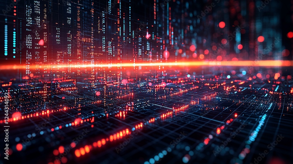 Fototapeta premium Futuristic digital city glowing at night; data streams, network visualization; tech background