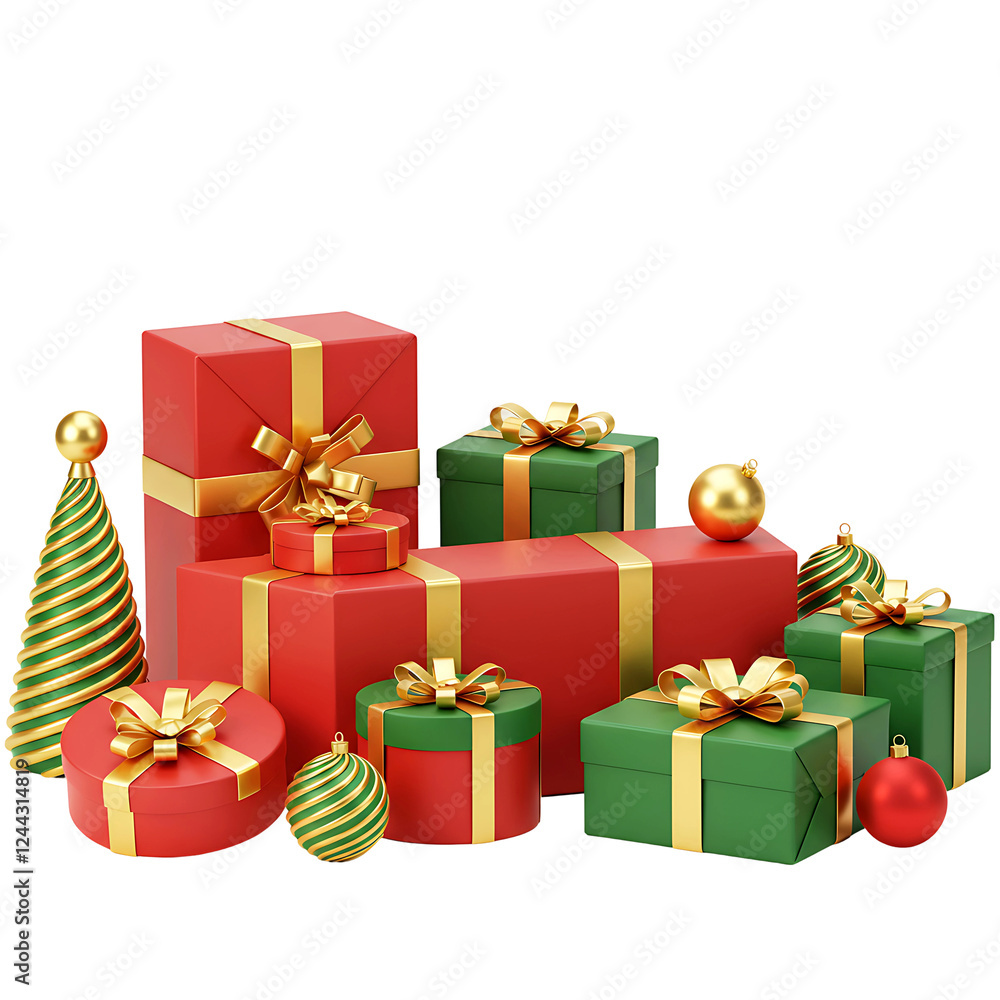 Obraz premium Festive Christmas Gift Boxes with Gold Ribbons and Vibrant Red and Green Colors On Transparent Background 