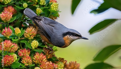 Vibrant BrownHeaded Nuthatch Sitta pusilla Perched on Holy Bush in Picturesque Landscape, Witnessing Tranquil Moment at Sunset on January, photo