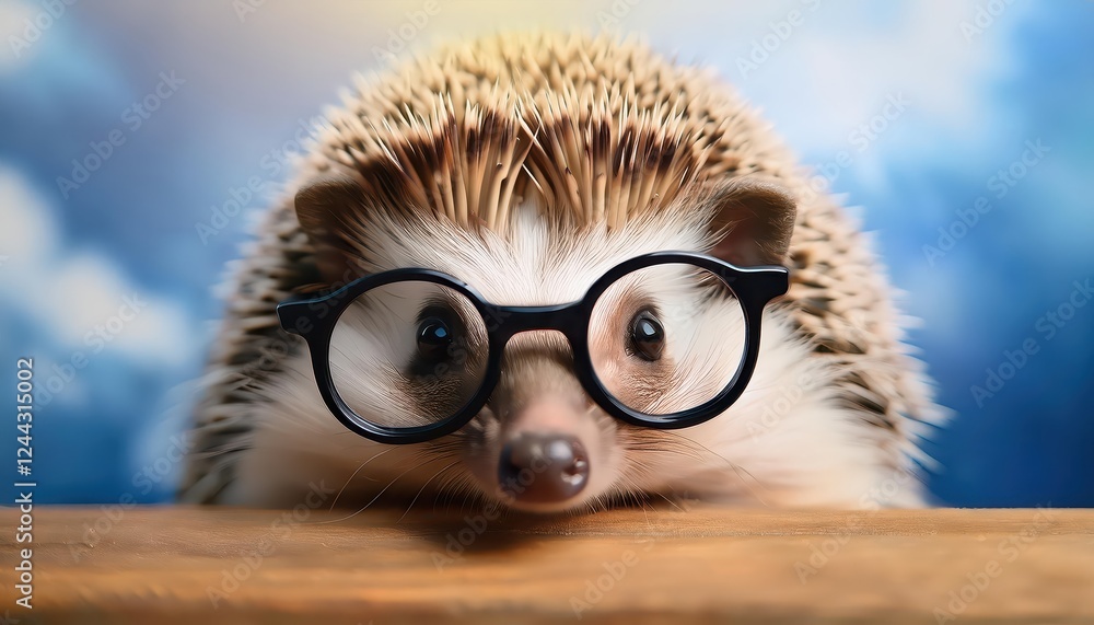 Adorable Hedgehog Wearing Glasses Expressing Seriousness with a Dusky Background, Adding Charm to the Scene on a Wintery Evening. Adorable Hedgehog Wearing Glasses Expressing Seriousness with a Dusky Background, Adding Charm to the Scene on a Wintery Evening.