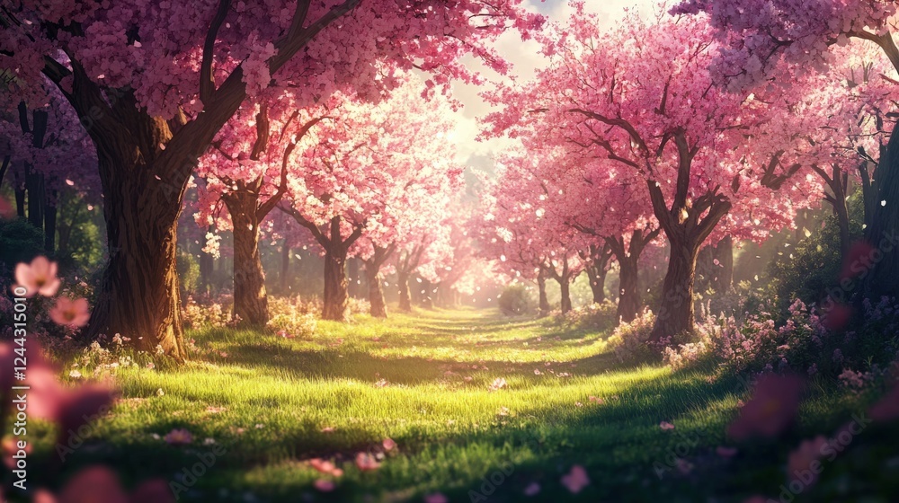 Naklejka premium A Serene Path Through Blossoming Cherry Trees