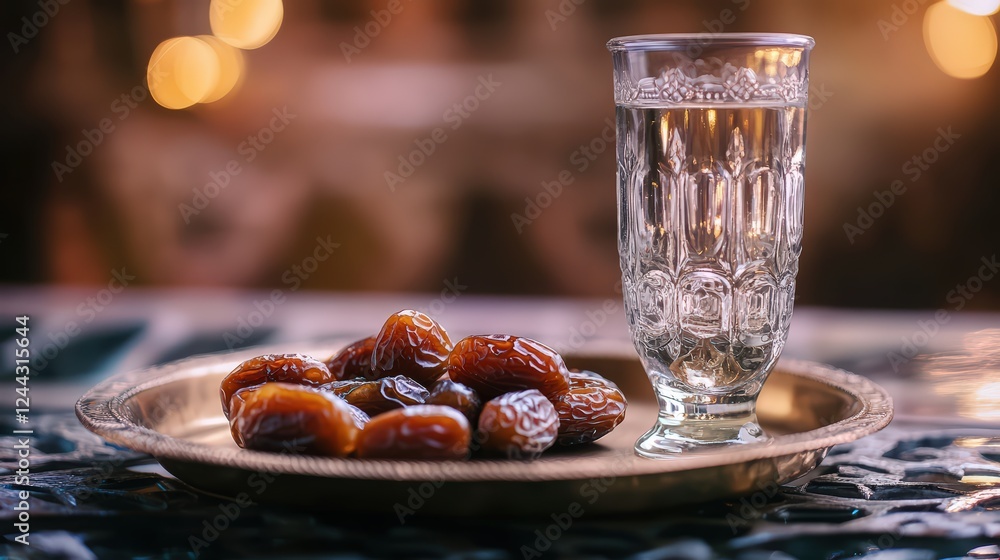 Tray of Dates and Glass of Water Symbolizing Breaking the Fast on the Final Day of Ramadan Tray of Dates and Glass of Water Symbolizing Breaking the Fast on the Final Day of Ramadan