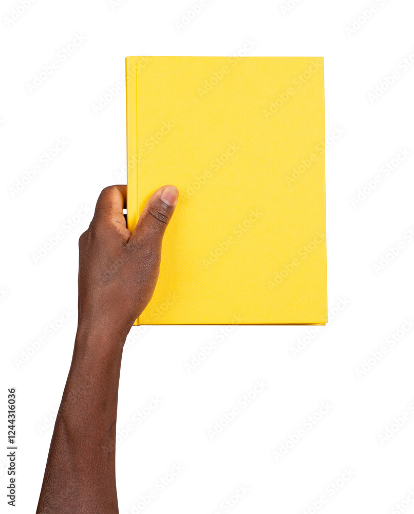 Man holding a yellow book or a notebook on white ot transparent background Man holding a yellow book or a notebook on white ot transparent background
