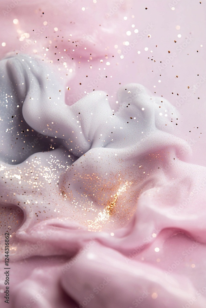 Obraz premium Swirling soft lavender and pastel blue mist creates a dreamy cosmic effect, enriched with twinkling galaxy dust, ideal for high-end skincare branding and aesthetics