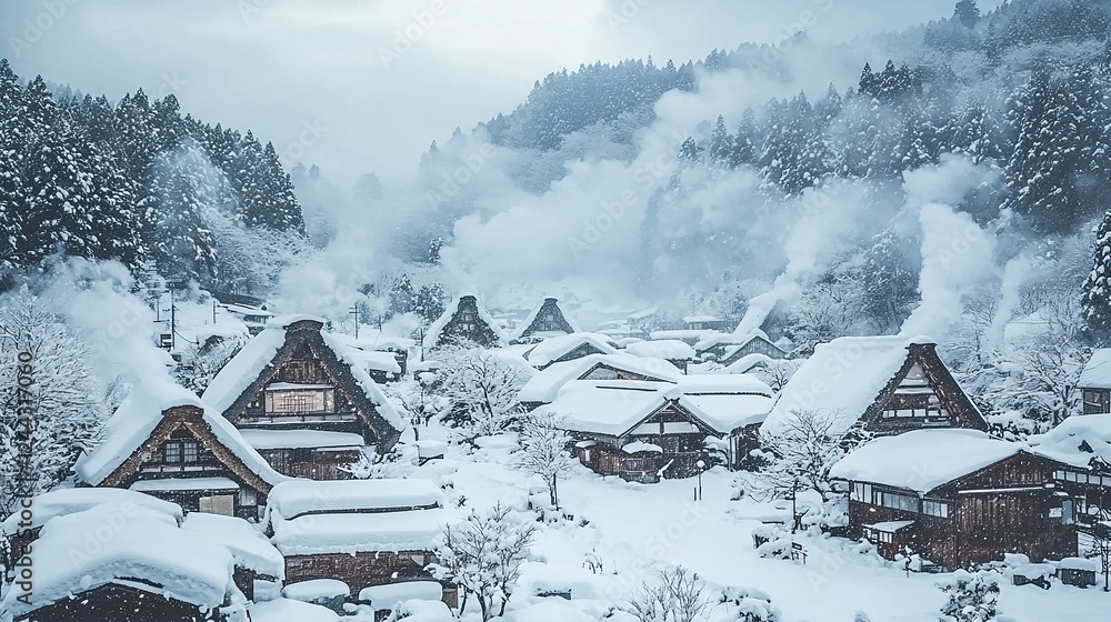 Naklejka premium Snow-covered village in winter surrounded by forests and mountains