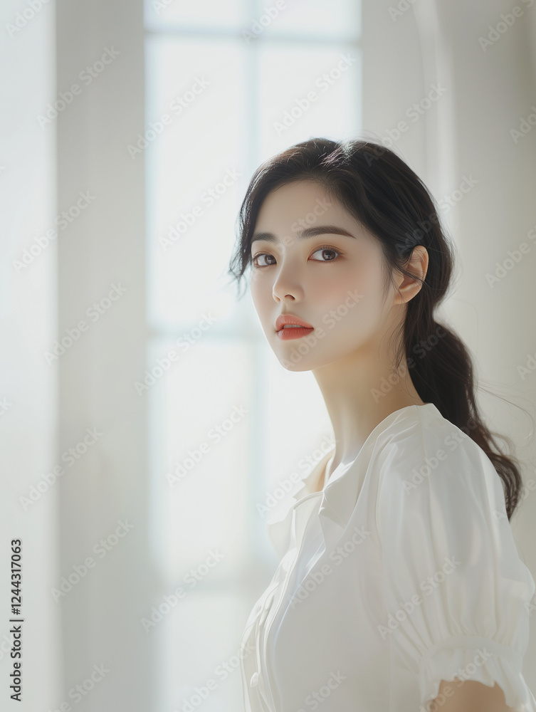 Elegant Korean Model in Soft White and Beige Tones, Natural Beauty Portrait, Bright Ambient Light, Fashion and Lifestyle, Perfect for Editorials, Advertisements, and Social Media Content Elegant Korean Model in Soft White and Beige Tones, Natural Beauty Portrait, Bright Ambient Light, Fashion and Lifestyle, Perfect for Editorials, Advertisements, and Social Media Content