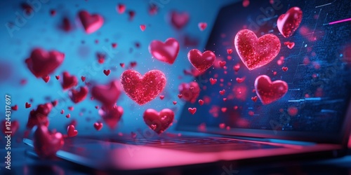 A digital representation of love and connection, featuring vibrant hearts emerging from a laptop, ideal for online dating, social media, or technology-themed projects.