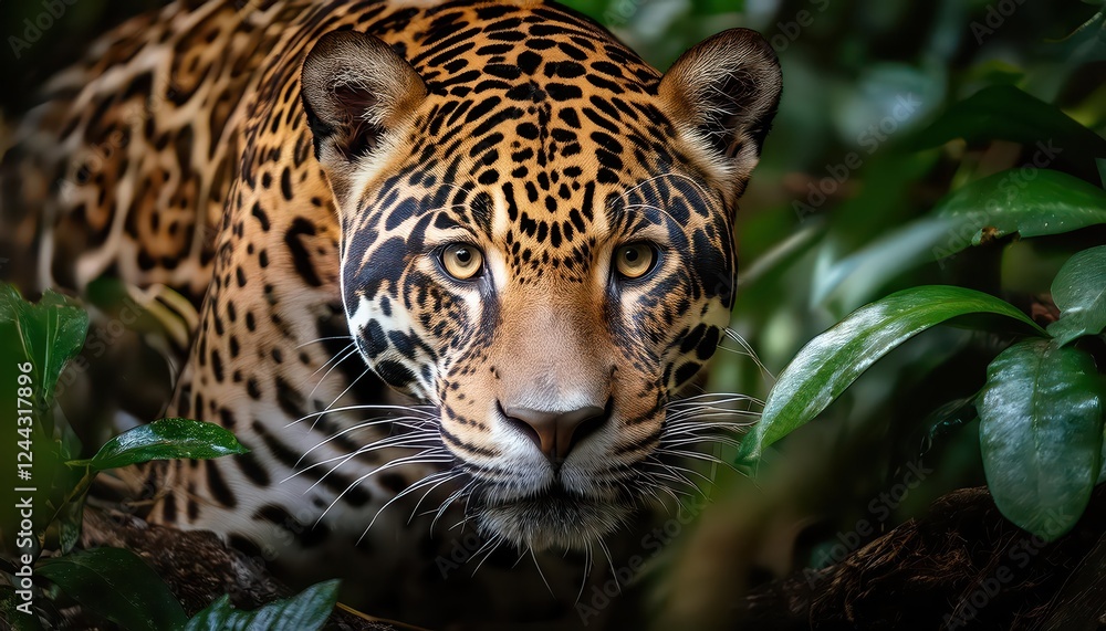 Intense Eyes of a Stealthy Jaguar in Tropical Jungle Depths, Capturing the Majesty and Mystery of South American Wildlife at Dusk. Intense Eyes of a Stealthy Jaguar in Tropical Jungle Depths, Capturing the Majesty and Mystery of South American Wildlife at Dusk.