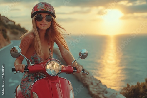 Chic girl riding a red scooter on a quiet road by the coast, wearing a colorful summer outfit