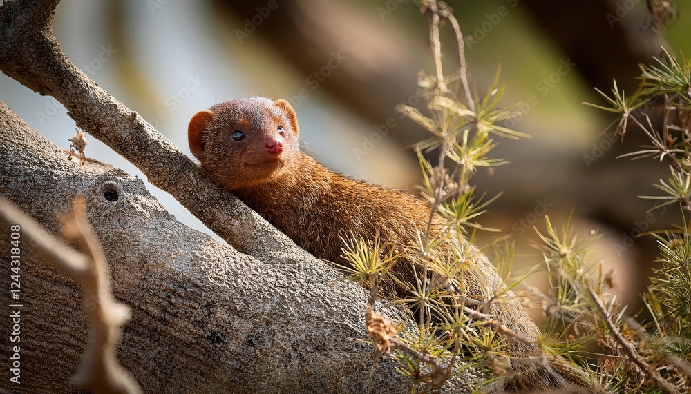Cute Dwarf Mongoose Hiding in Lush Tree Canopy Amidst the African Savannah An Intimate Moment of Wildlife Camouflage, Captured at Golden Hour Cute Dwarf Mongoose Hiding in Lush Tree Canopy Amidst the African Savannah An Intimate Moment of Wildlife Camouflage, Captured at Golden Hour