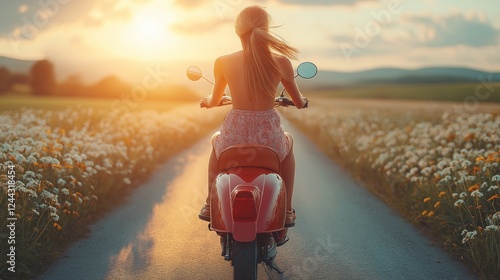 Chic girl riding a red scooter on a quiet road wearing a colorful summer outfit