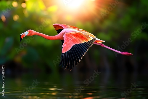 Elegant Flamingo in Flight at Sunset - A graceful flamingo takes flight over tranquil water, sunset illuminating its vibrant plumage.  Symbolizing freedom, beauty, elegance, nature, and tranquility.