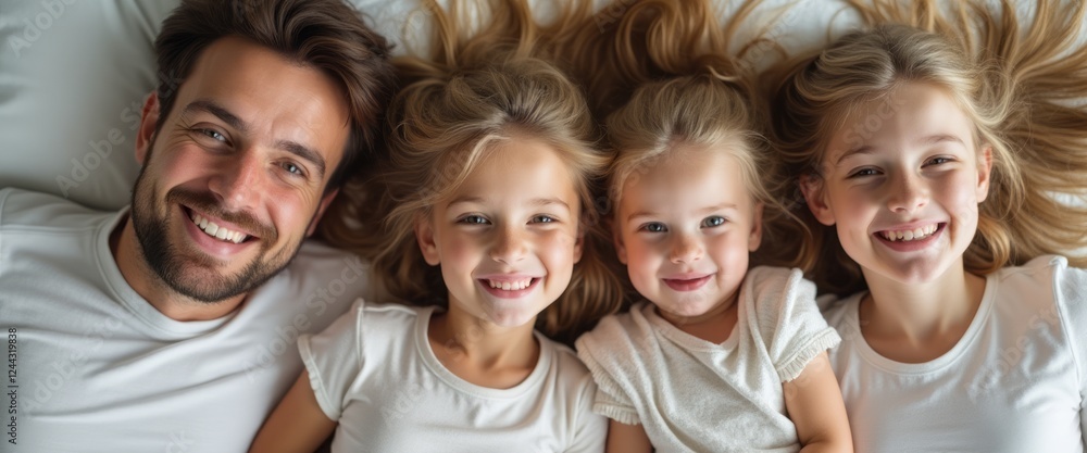 A cheerful family of four lies together on a soft, white bed, their hair cascading around them like golden waves. The radiant smiles of the father and his three daughters create a heartwarming scene