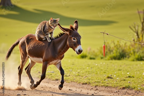 A playful cat riding a galloping donkey for carrots on a dirt road, capturing a fun and lively moment in a rural setting