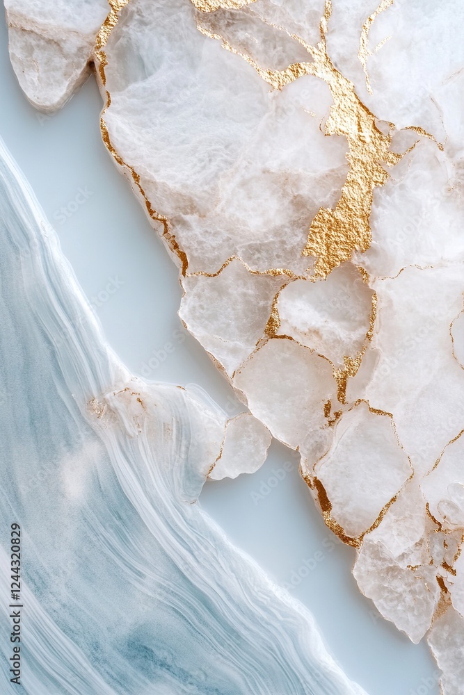 Fototapeta premium Layers of organic acrylic create a soothing blend of ocean blues and sandy neutrals, enhanced by soft gold leaf, ideal for premium resorts and boutique hotels seeking elegant aesthetics