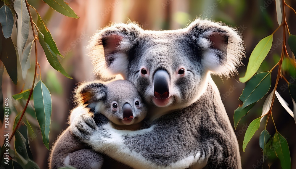 Fototapeta premium Caring Moment Koala Embraced by Caregiver amidst Lush Eucalyptus, Capturing a Heartwarming Scene of Wildlife and Tranquility in an Australian Forest.