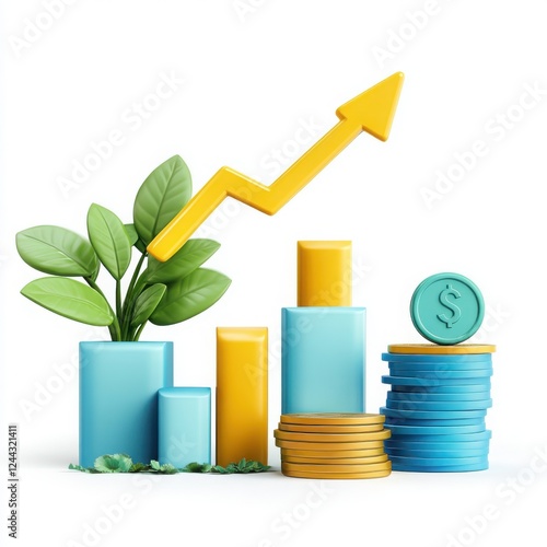 3d volumetric illustration of growth financial arrow with coins chart on white background. Business, financial growth. AI generated.