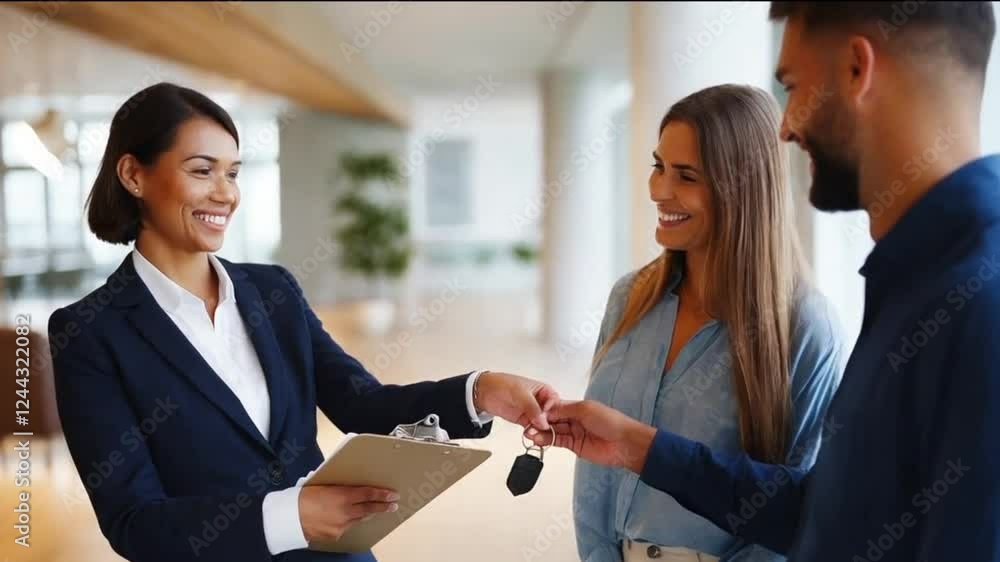 A real estate agent presents various property options to potential buyers in a contemporary office setting, showcasing professional interaction and advice about home buying A real estate agent presents various property options to potential buyers in a contemporary office setting, showcasing professional interaction and advice about home buying