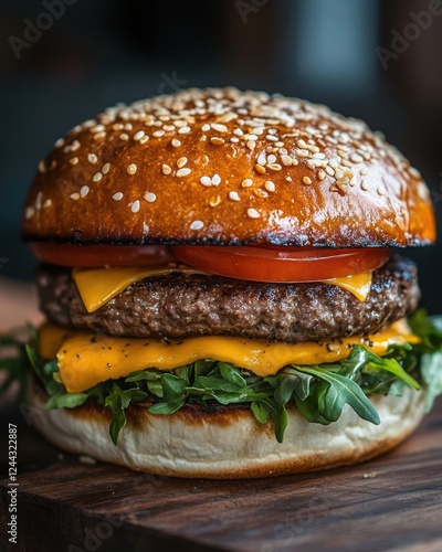 Food photo of burger. Close photo of delicious burger with cutlet, chees, tomato. AI generated.