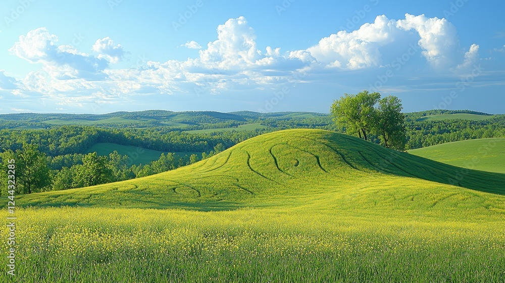 Rolling Hills Landscape With Yellow Flowers And Trees Rolling Hills Landscape With Yellow Flowers And Trees