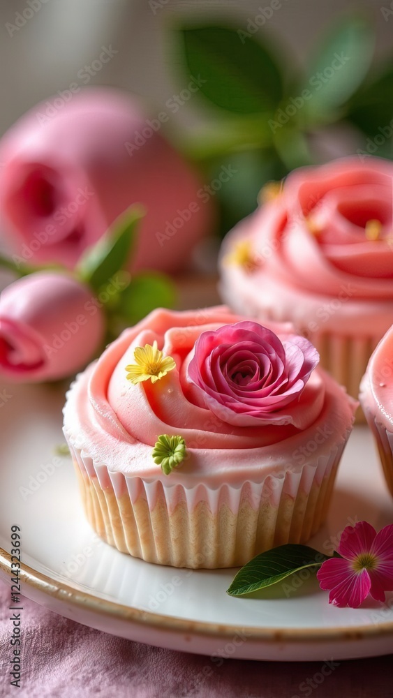 cupcakes with rose-shaped frosting on white plate, elegant dessert concept for bakeries, special events cupcakes with rose-shaped frosting on white plate, elegant dessert concept for bakeries, special events