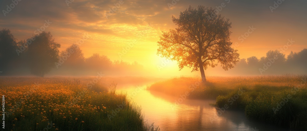 Obraz premium Tree is in the foreground of a field with a river in the background