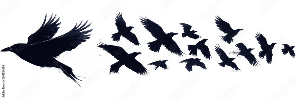 Obraz premium Flock of Crows in Flight - Silhouette of a large flock of crows flying in formation against a white background. A powerful image of birds in motion.