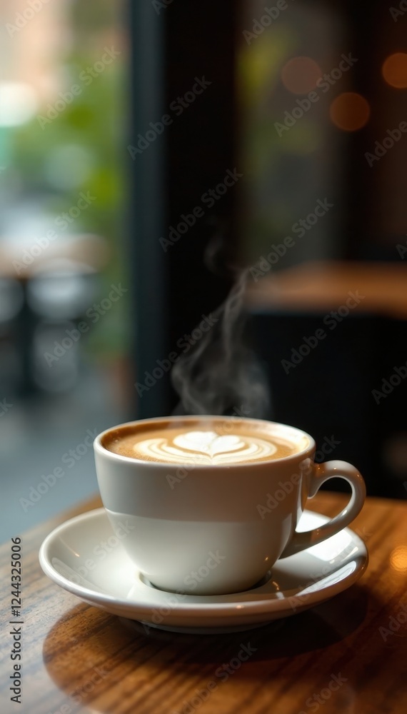Steaming cappuccino in ceramic cup, wooden cafe table , morning, wood Steaming cappuccino in ceramic cup, wooden cafe table , morning, wood