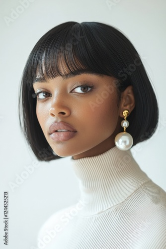 Wallpaper Mural A refined portrait of a bob-haired woman wearing a delicate gold and pearl earring, her WHITE lipstick and radiant skin glowing under soft lighting, with an off-white turtleneck adding balance Torontodigital.ca
