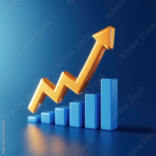 3d volumetric illustration of golden growth financial arrow with chart on blue background. Business, financial growth. AI generated.